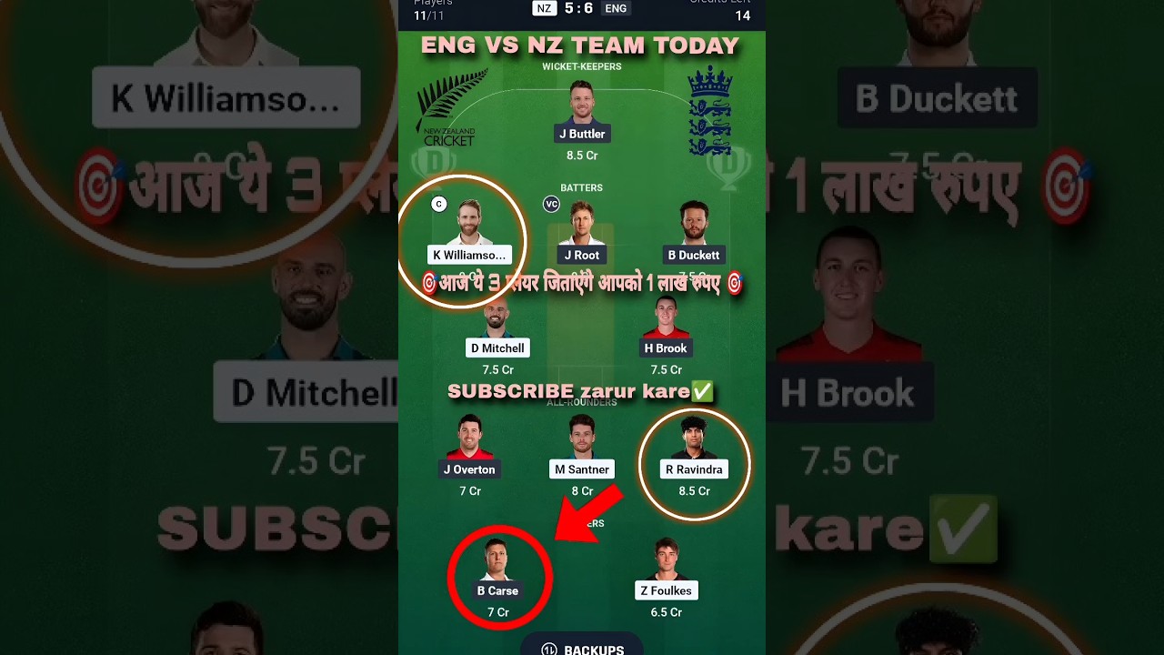 ENG VS NZ MATCH TODAY DREAM 11 PREDICTION TEAM ENG VS NZ 