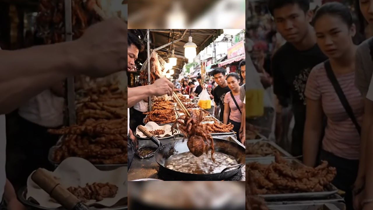 Muscular Man Cooking a Giant Tarantula at a Traditional Market 🕷🔥