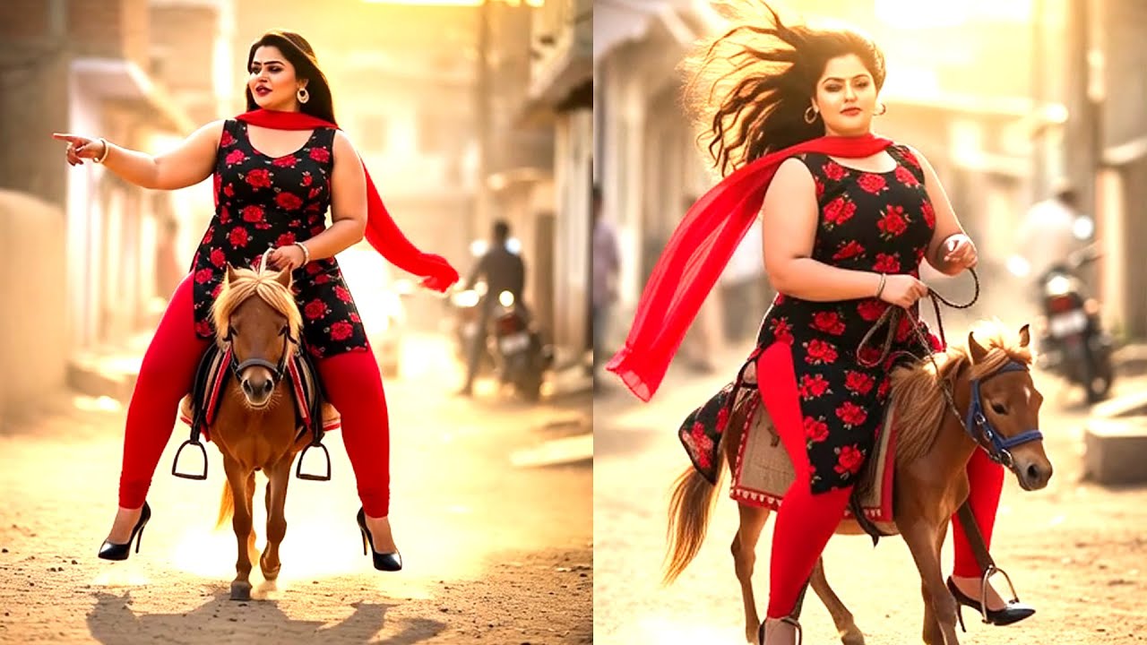 A Confident Curvy Indian Woman Riding a Tiny Pony Through a Golden Sunset Village Street