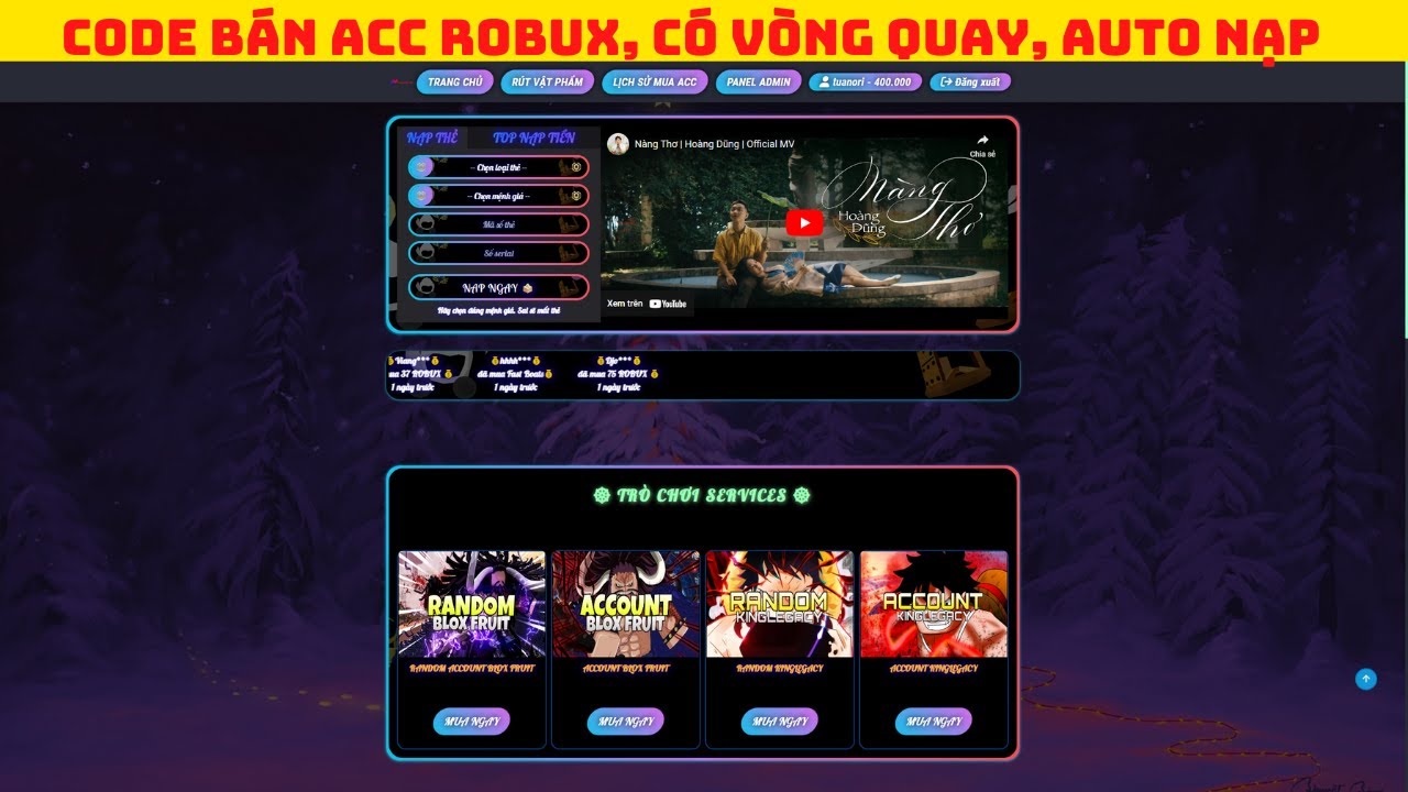 CODE BÁN ACC GAME ROBUX, CÓ VÒNG QUAY, DỊCH VỤ CÀY THUÊ, AUTO NẠP TIỀN ...