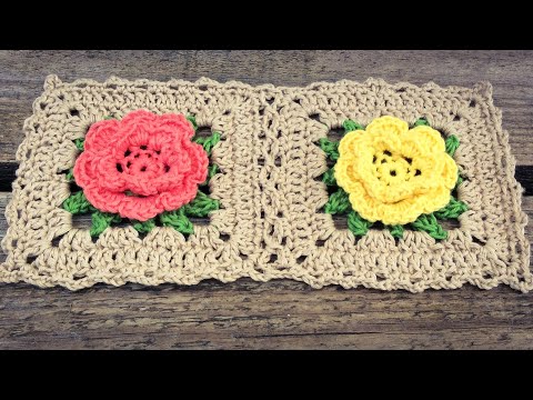 Crochet Rose Flower Granny Square Tutorial
