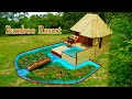 Full build build modern bamboo resort with bamboo bed bamboo patio chairs pool and fish pond