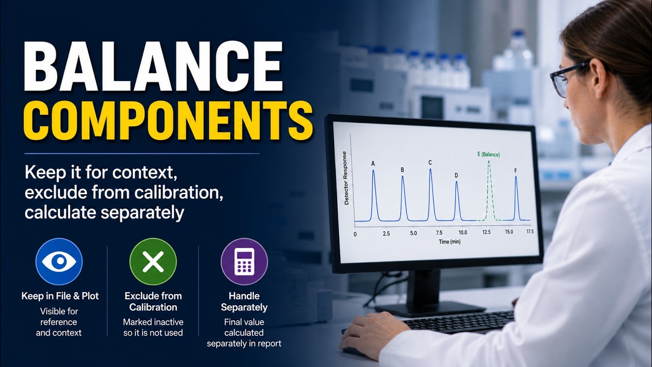 Photorealistic laboratory workstation with a scientist reviewing chromatographic data, supporting a Chromperfect training video about keeping a component visible without including it in calibration.