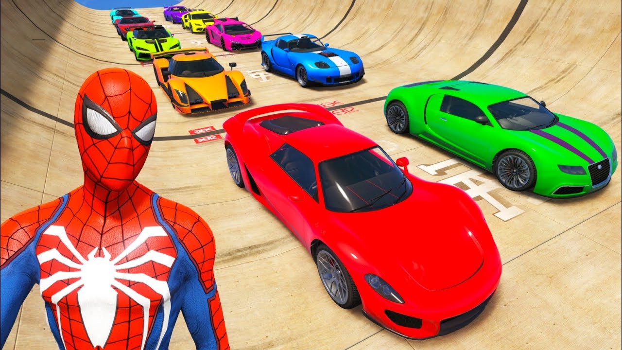 GTA V Superheroes Crazy Race Challenge with Super Cars | GTA 5 Spiderman Car Stunt Race 