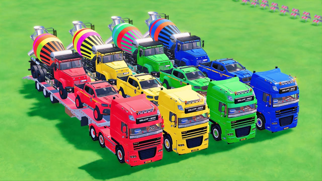 TRANSPORTING DAF, MERCEDES, MIXER TRUCK, COLORFUL CARS WITH TRUCK - FS22