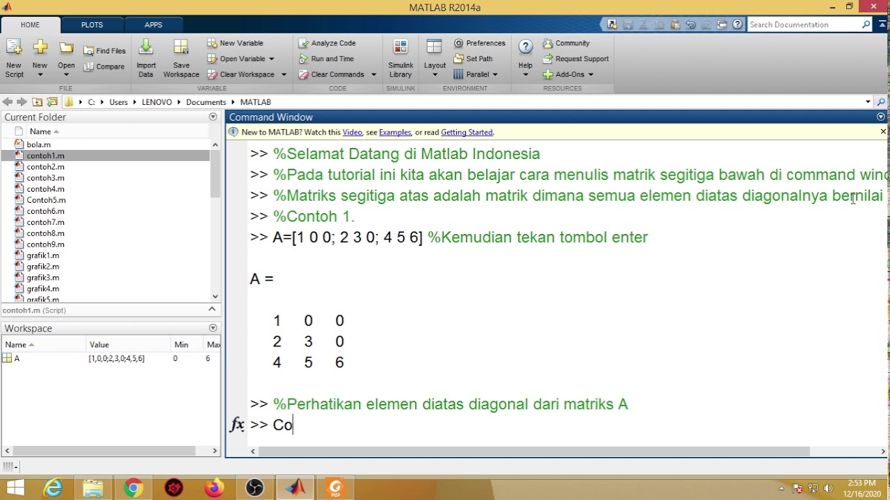 Cara Menulis Matriks Segitiga Bawah di Command Window Matlab - YouTube