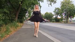 Granate Styling, walking in public, BBQ party and public transport, minidress, stockings, high heels