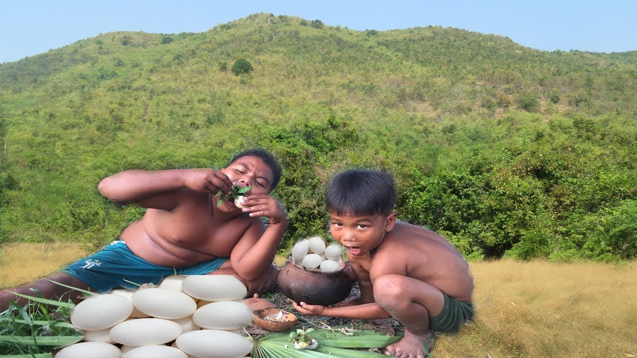 primitive technology . smart boy cooking baby egg ducks and eating