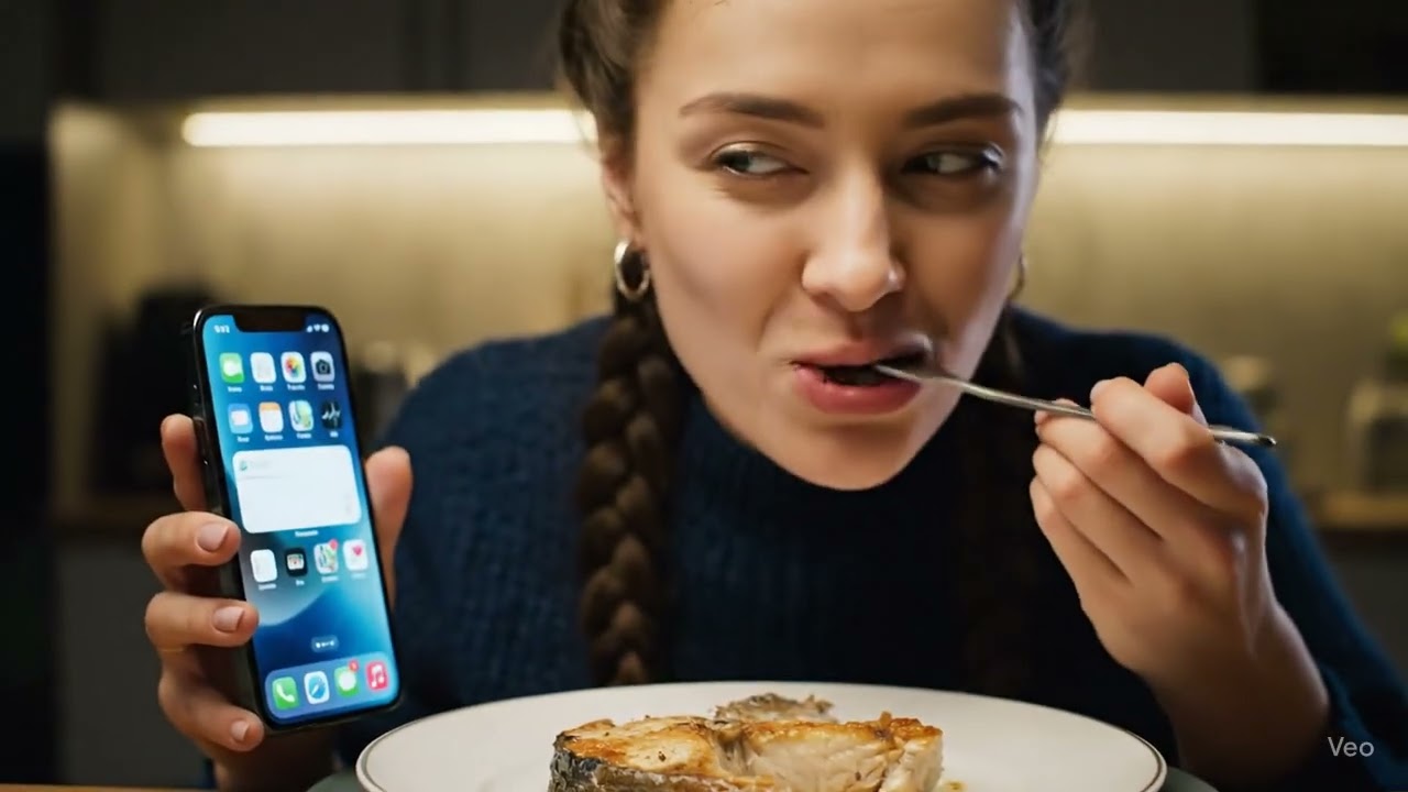 Fish steak eaten by a russian girl and using iphone 17 | Russian Girl Eats Fish Steak
