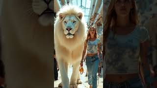 Grace and Majesty A Confident Woman Leading aTowering White Lion Through the Luxurious Shopping Mall screenshot 5