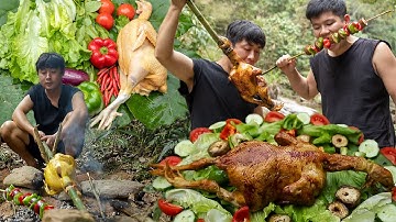 Survival skills:Hunting chickens in the forest & grilled for food - Cooking chicken eating delicious