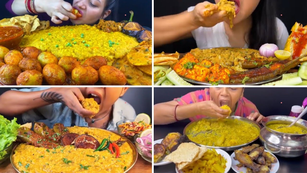 ASMR Eating Mix vegetables Khichdi, Alu Bhaja, Stuffed Paneer Capsicum ...