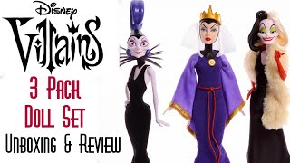 💀 DISNEY VILLAINS EVIL QUEEN CRUELLA DE VIL YZMA 3 PACK DOLL SET MATTEL 👑 ECW 🌎 UNBOXING & REVIEW