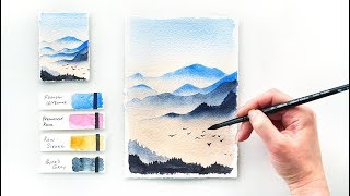 Mountains at Dawn. Easy step-by-step watercolor tutorial.