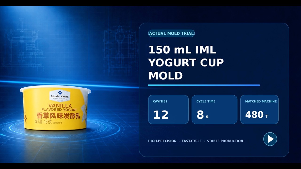 150 ml IML yogurt cup mould trial showing a 12-cavity layout, 8-second cycle and 480 t machine