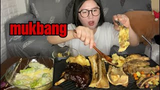 REAL MUKBANG ASMR (eating show) sizzling steak, bone marrow, baby back ribs with mash potato & salad