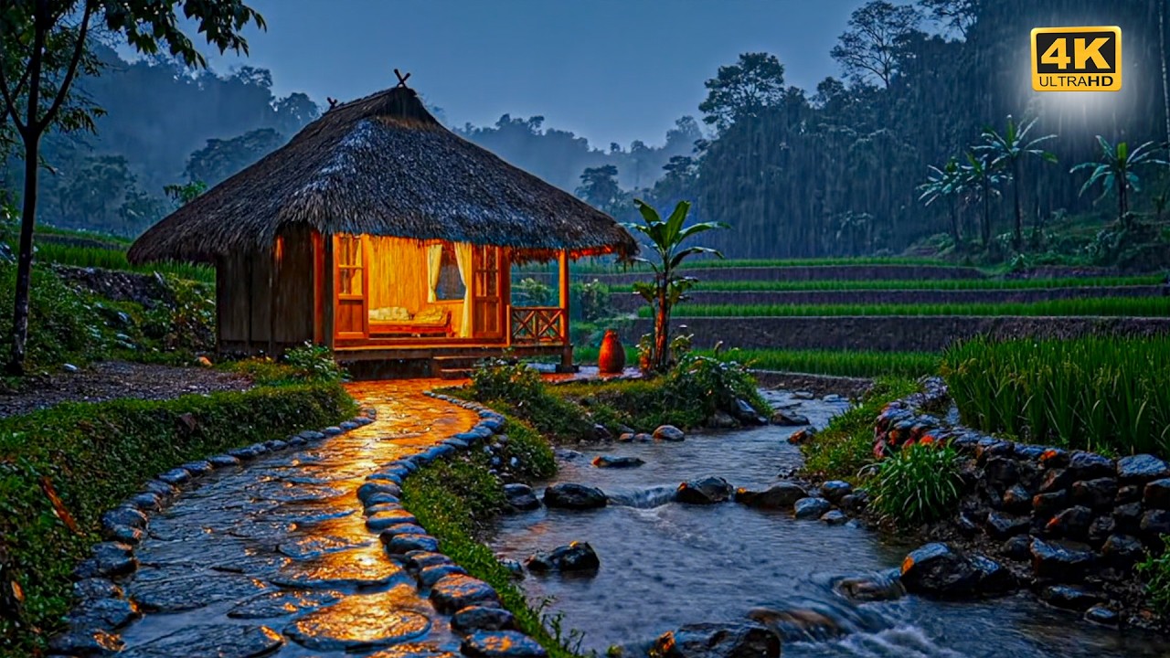 Authentic Indonesian Rural Rain Ambience: Traditional Straw Roof Hut ...