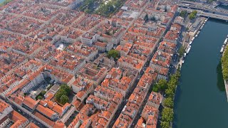 Lyon France 4k video Panoramic view from drone of cityscape of Lyon