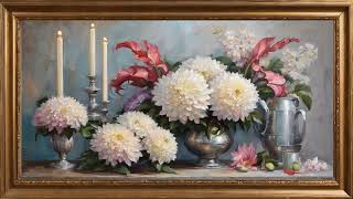“Candlelit Elegance of Flowers" - Gold framed Vintage art screensaver. 4k TV Painting background screenshot 4