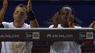 DET@MIA: Bour celebrates his hit, dugout has fun