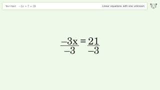 Linear equation with one unknown: Solve -3x+7=28 step-by-step solution