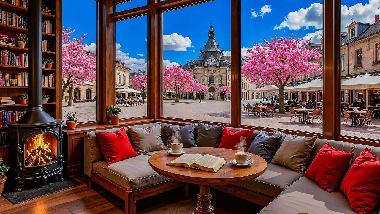 Spring Coffee Shop Jazz | Smooth Piano Jazz Music with Cozy Fireplace Ambience for Relaxing & Study