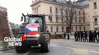 Europe farmers protest: Czech tractors dump manure in Prague streets