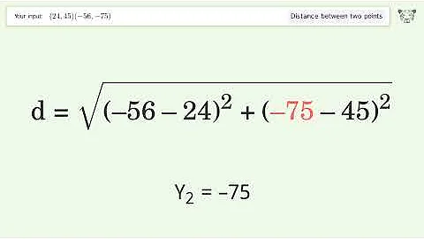 Find the distance between two points p1 (24,45) and p2 (-56,-75): Step-by-Step Video Solution
