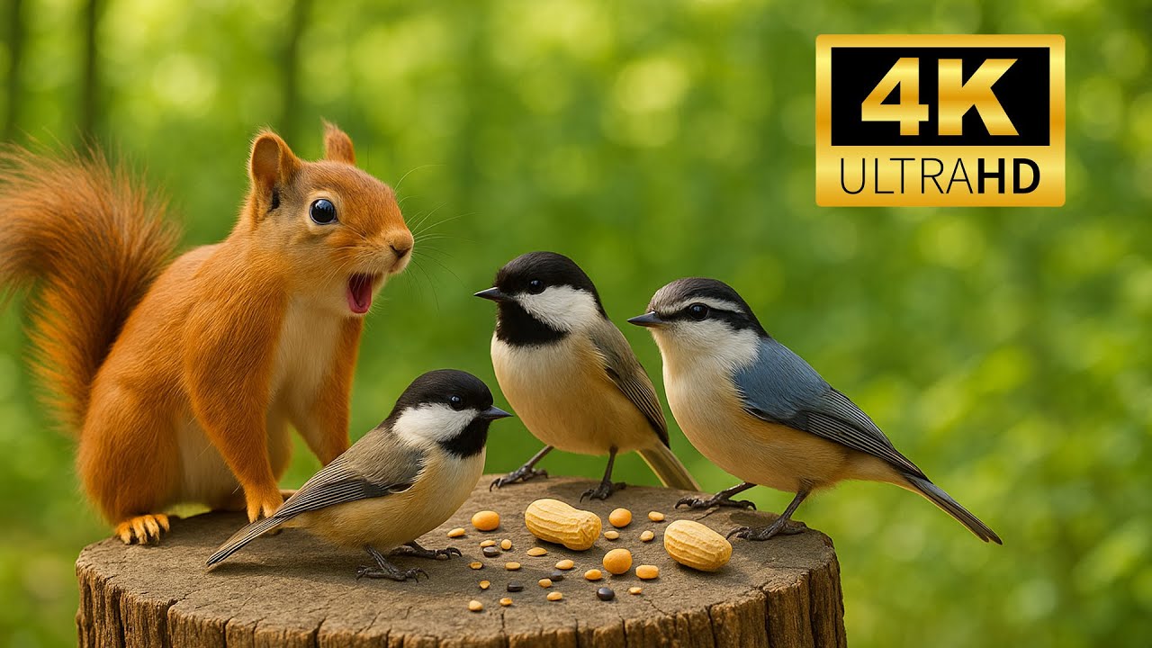 Cat TV for Cats to Watch – Forest Birds Chirping with Surprised Squirrel | 4K Nature Ambience 🐦🐿️🌿