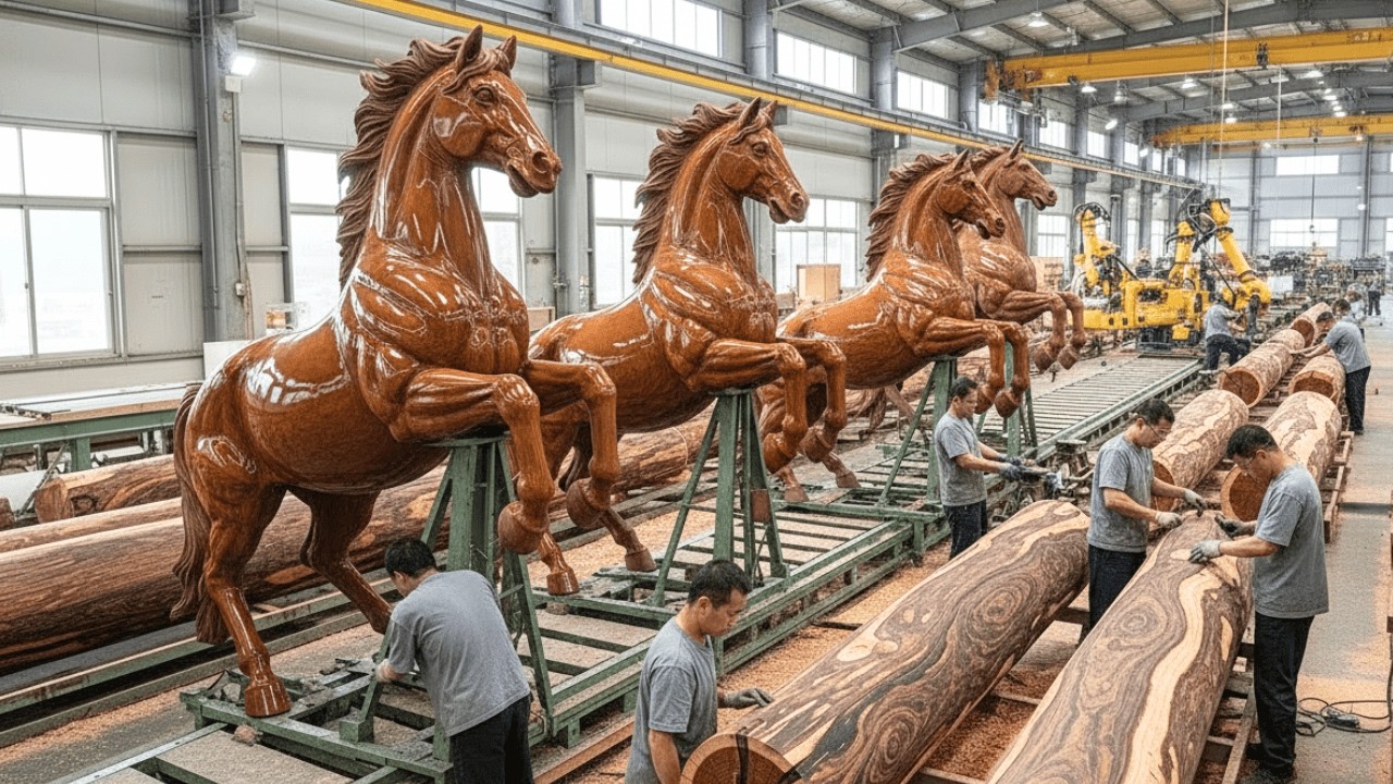 Inside the Hi-Tech Giant Timber Factory: How Raw Logs Become Ancient Wooden Horse (Full Process)