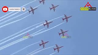 Indian Air Force Suryakiran Aerobatic Team performs flypast at Lachit Ghat in the city of Guwahati.