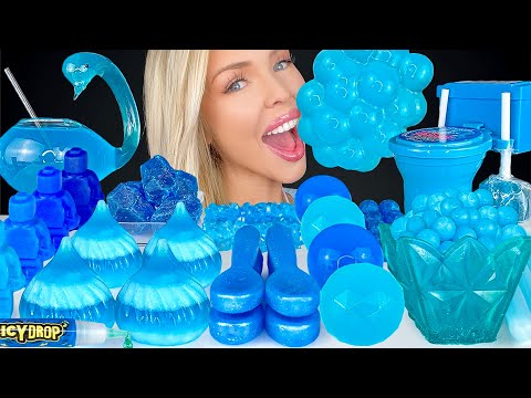 ASMR BLUE FOOD MUKBANG, EDIBLE BOWL RASPBERRY JELLY, ISOMALT SOUR CANDY, KOHAKUTOU LAYERED JELLO 먹방