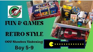 OCC shoebox Unboxing- Boy 5-9 - “Retro” style games theme #ipackedashoebox #operationchristmaschild