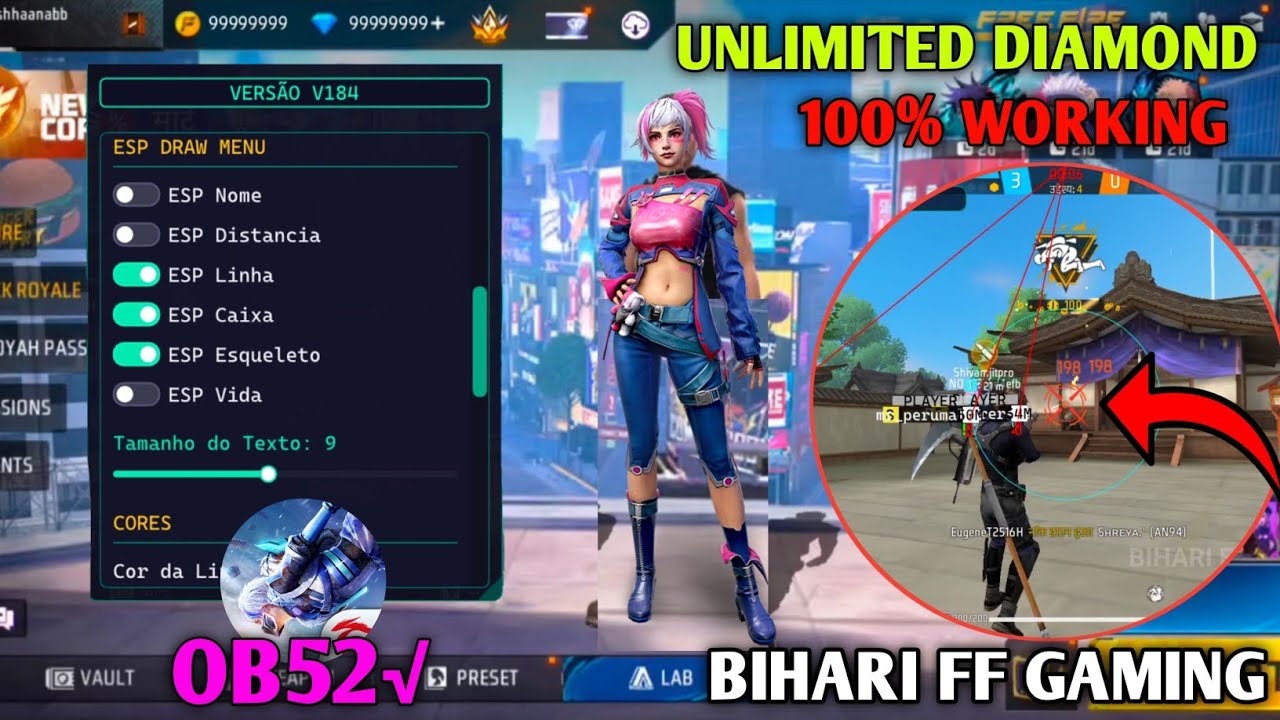 OB52 FREE FIRE MOD MENU 🔥 UNLIMITED DIAMOND HACK 🔥 FF MOD MENU APK 2026