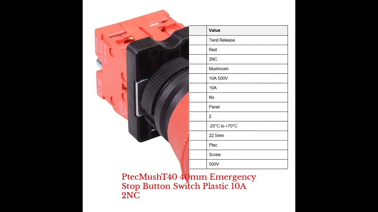 PtecMushT40 40mm Emergency Stop Button Switch Plastic 10A 2NC