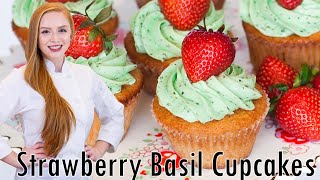 EASY Strawberry Cupcakes with Basil Buttercream! Unique Flavor Combo!