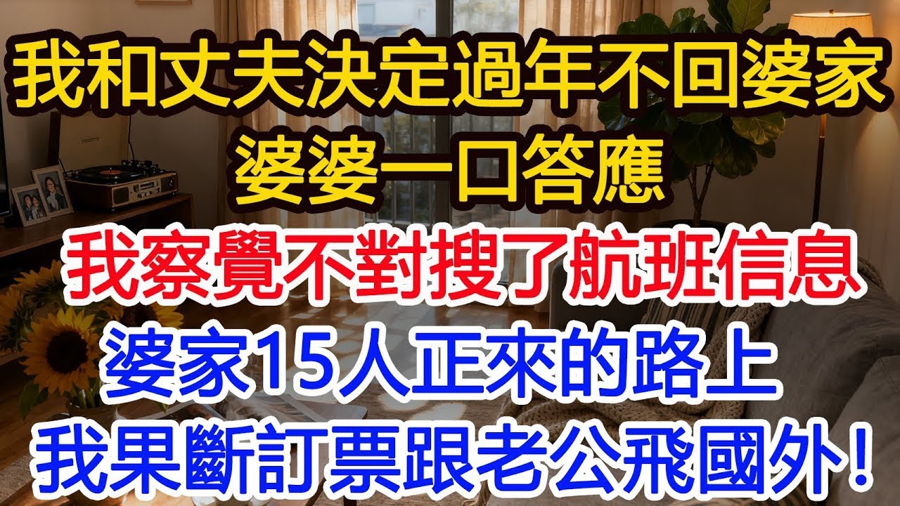 我和丈夫決定過年不回婆家，剛準備解釋婆婆卻一口答應，我察覺不對搜了航班信息，婆家15人正來的路上我果斷訂票跟老公飛國外！