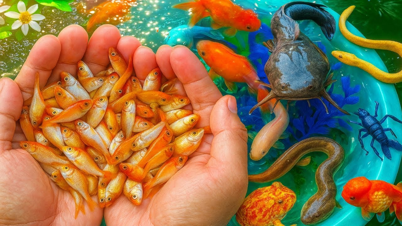 Catching beautiful  color gold fish in small pond baby turtle, catfish, candy fish, guppy fish, koi