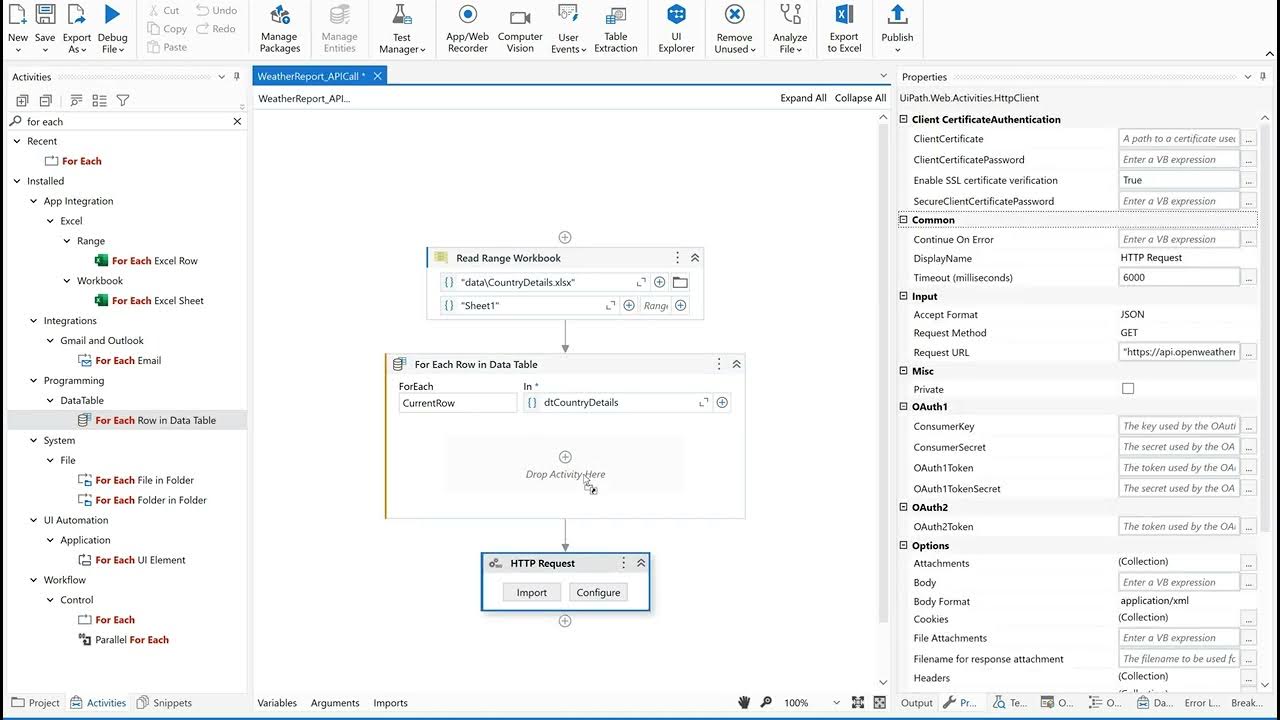 API example in UiPath|Weather Report using API| HTTP Request|read excel ...