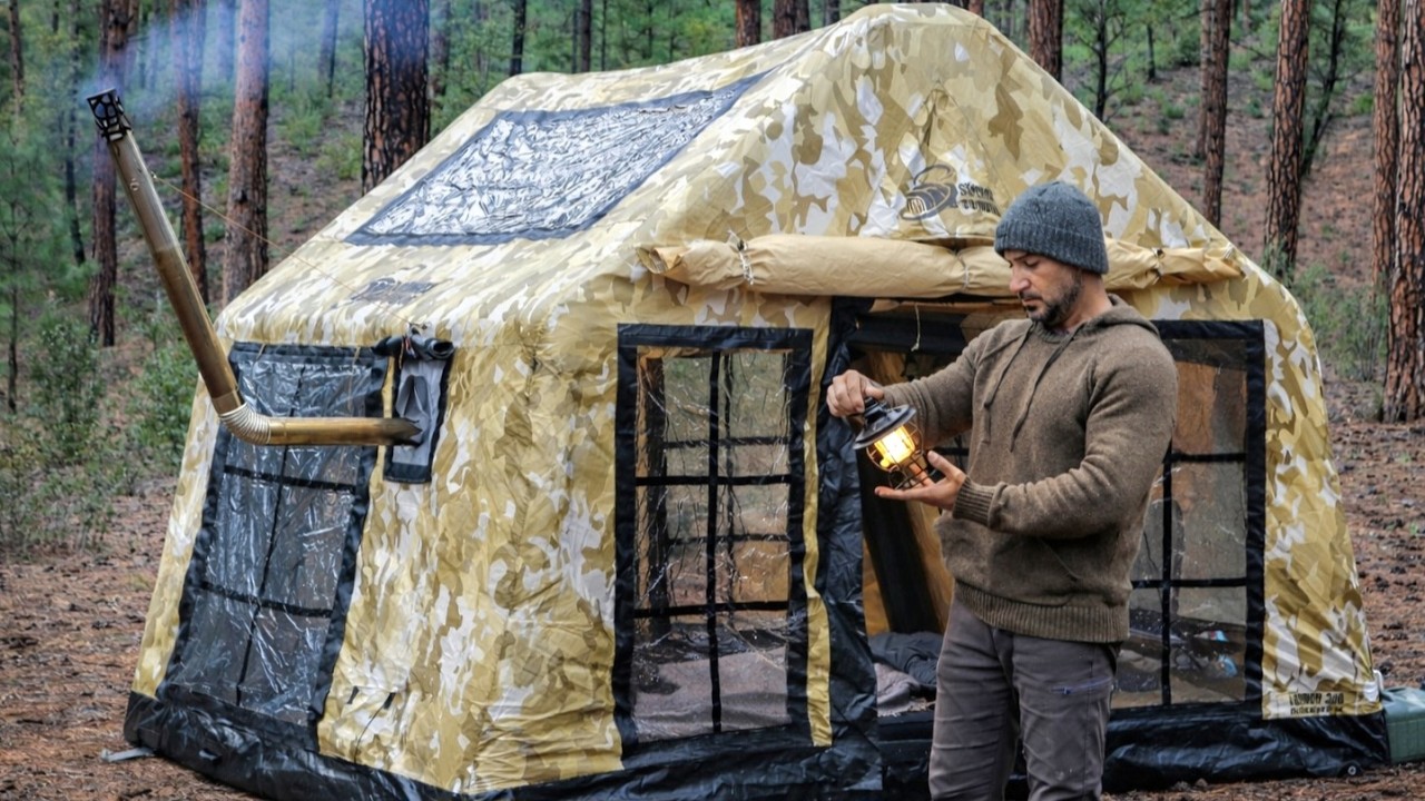 Solo Inflatable Hot Tent Winter Camping with My Dog ASMR