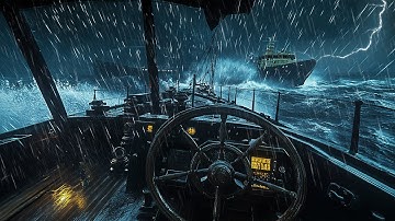 Thunderstorm And Rain Sounds Over a Rough Ocean with Big High Waves and Real Lightning Strikes
