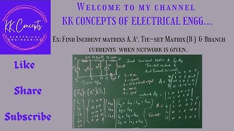 Ex: Find incidence matrixs A, A¹ Tie-set Matrix (B) & Branch currents when network is given .
