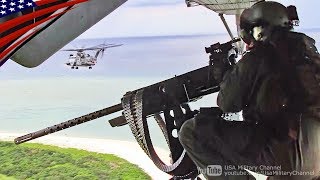 米海兵隊CH-53Eヘリ･ブローニングM3重機関銃(12.7mm)空中射撃訓練：沖縄
