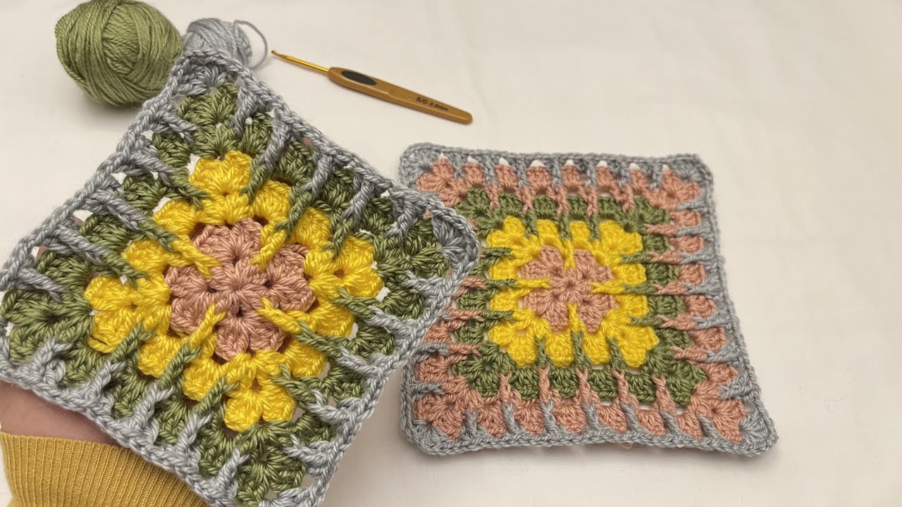 كروشيه مربع جراني من بواقي الخيوط لعمل مفرش بطانية بيبي / سرير/ شنطة / خداديةcrochet grany square
