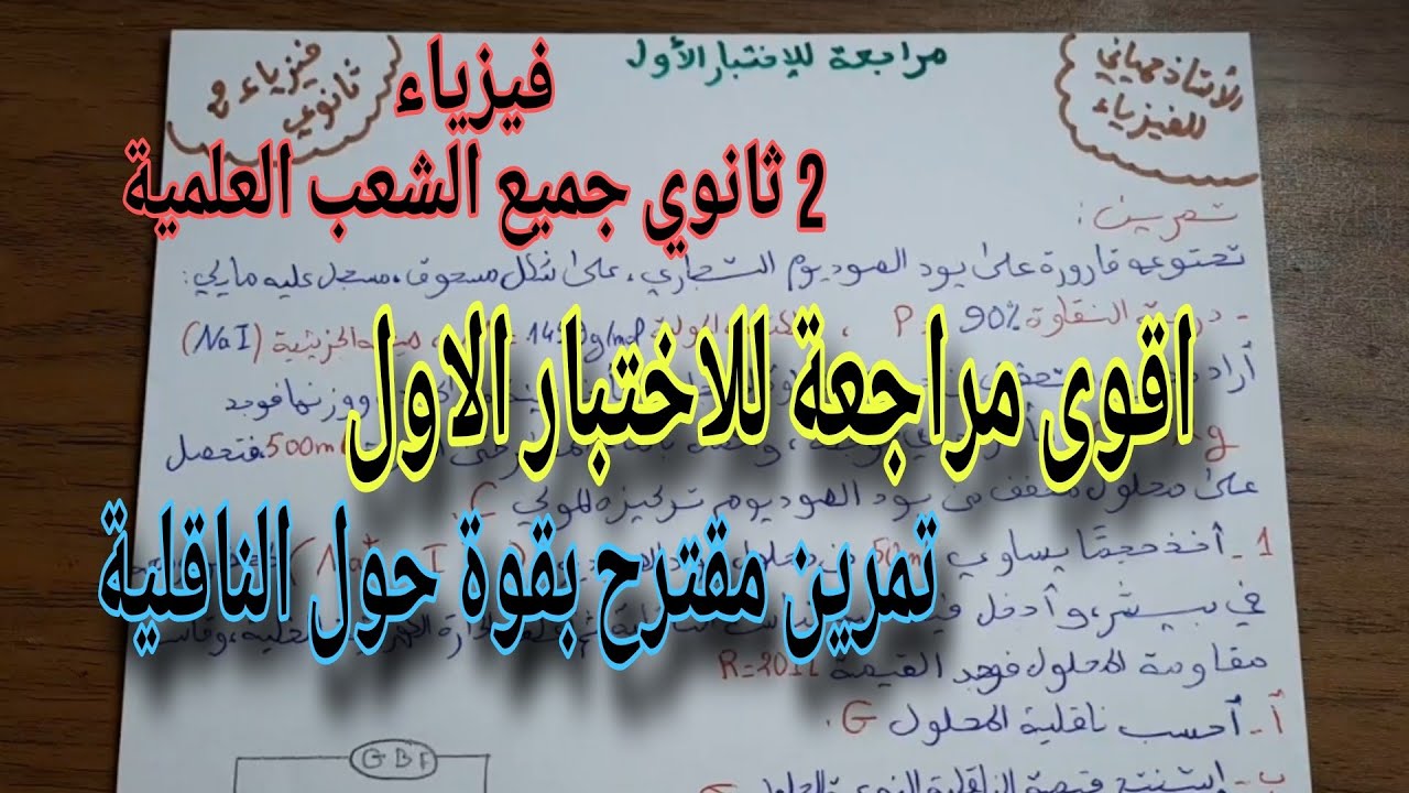 اقوى مراجعة للاختبار الاول فيزياء السنة الثانية ثانوي جميع الشعب العلمية(تمرين شامل حول الناقلية)