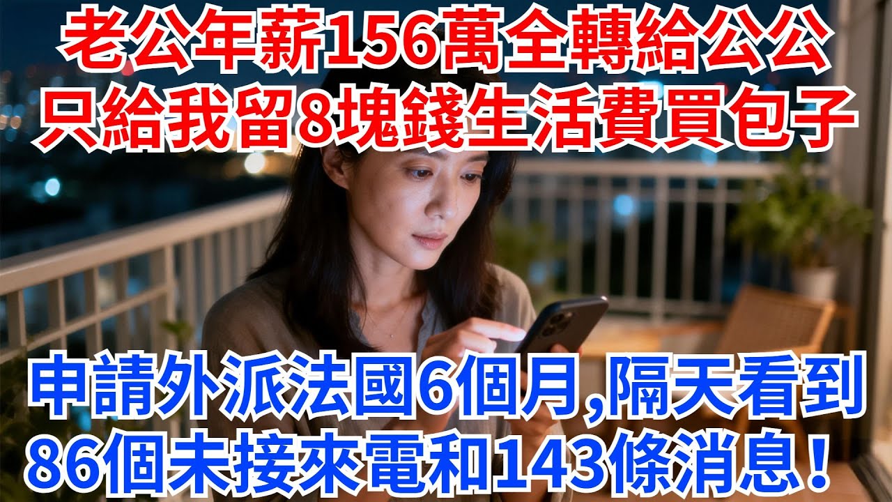 老公年薪156萬全轉給公公，只給我留8塊錢生活費；我用8塊錢買了3個包子，申請外派法國出差6個月，隔天看到86個未接來電和143條消息！#家庭矛盾 #故事分享 #情感故事 #婆媳 #公公
