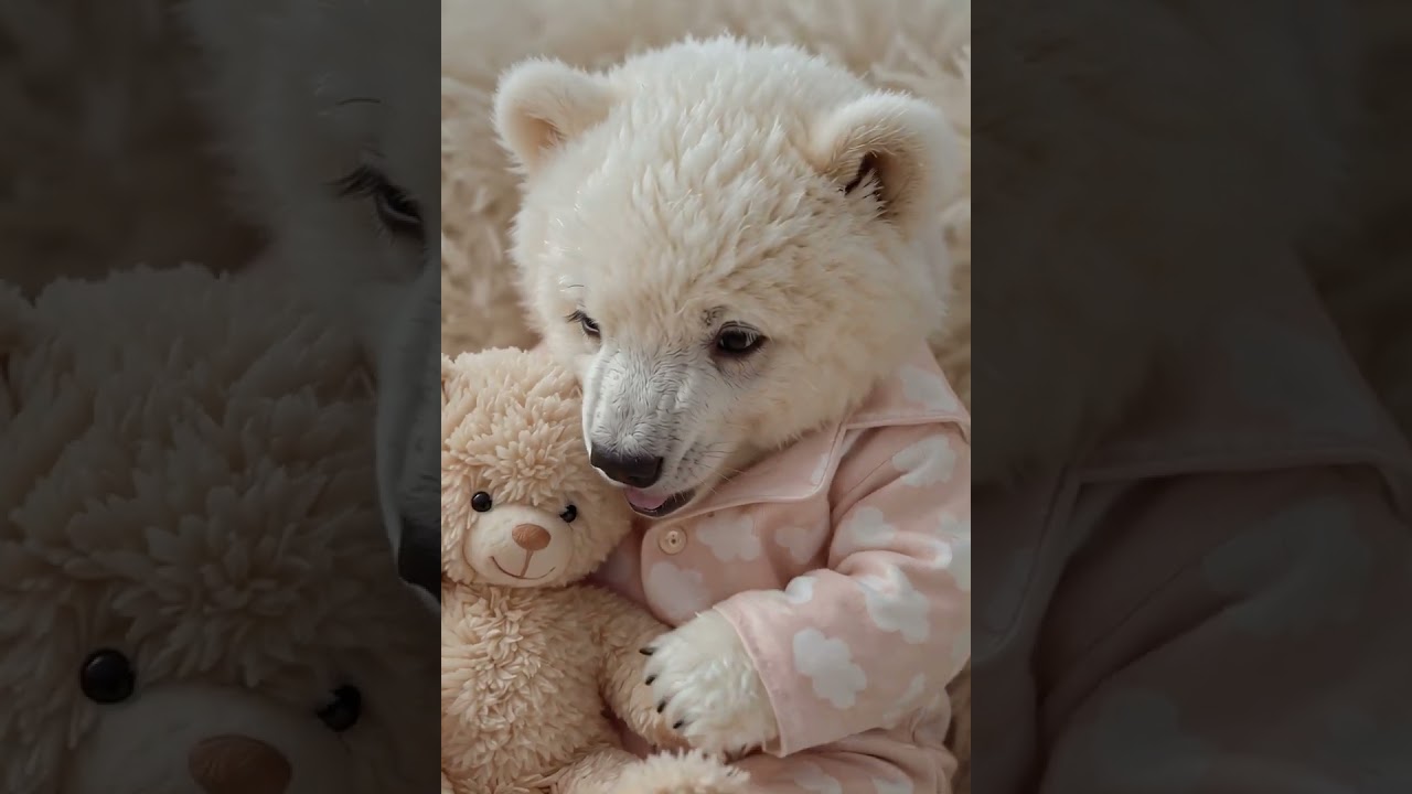 Polar Bear Baby in Pajamas Hugging Teddy Bear Is Priceless 