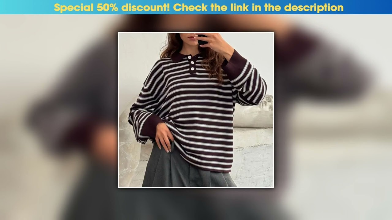 Best Combhasaki Women Y2K Vintage Striped Contrast Color Button Lapel Neck Sweater Loose Fit Casual
