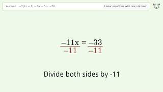 Linear equation with one unknown: Solve -2(4x-1)-3x+5=-26 step-by-step solution