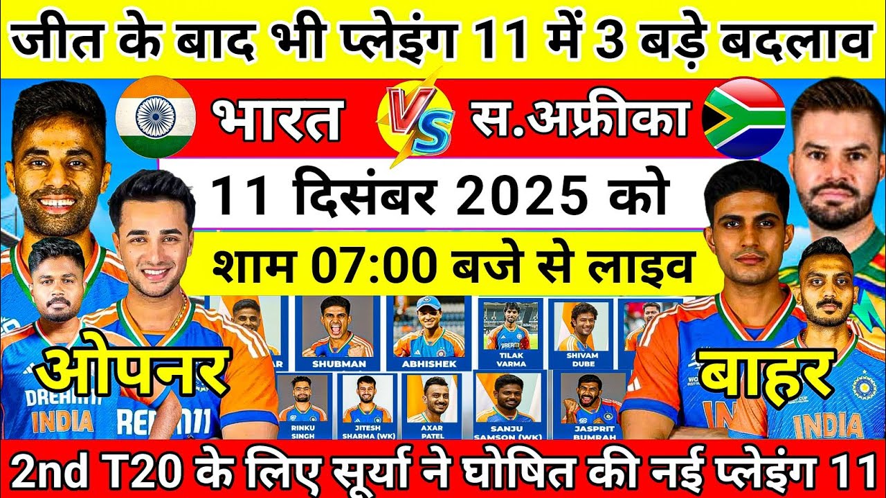 India vs South Africa 2nd T20 Playing 11 | जीत के बाद भी प्लेइंग 11 में 3 बड़े बदलाव| Surya | Tilak 
